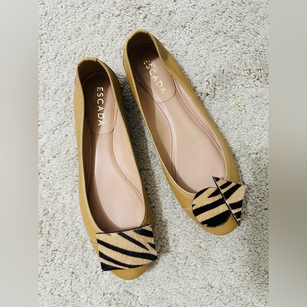 Refashioned Escada Tan Genuine Leather Flat Ballerina Shoes Size 40 - Picture 4 of 10